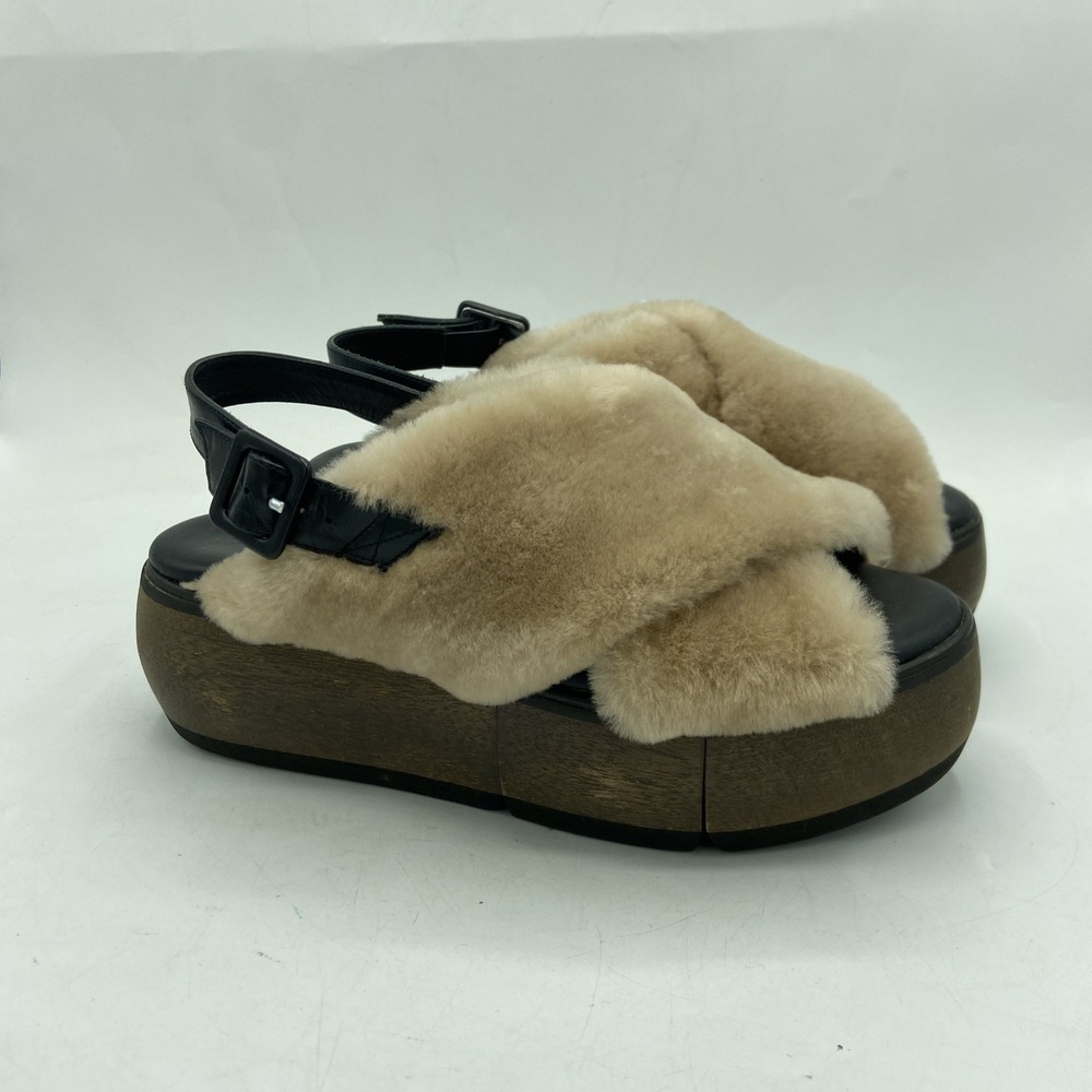 Paloma Barcelo Platform Slingback Sandals Women's 38 Shearling Wood Leather